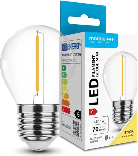 Modee LED filament mini żarówka G45 1W E27, ciepła biała 2700K, 70 lm