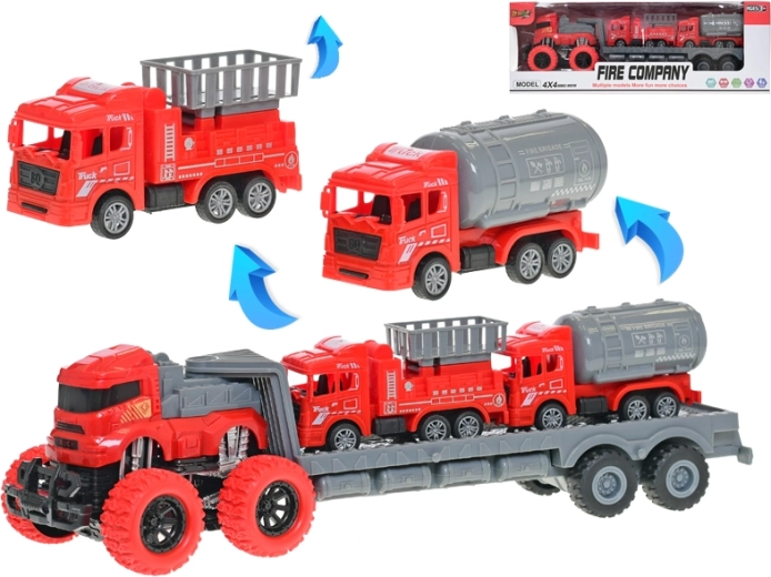 Ciężarówka z naczepą na napęd frykcyjny z pojazdami strażackimi
