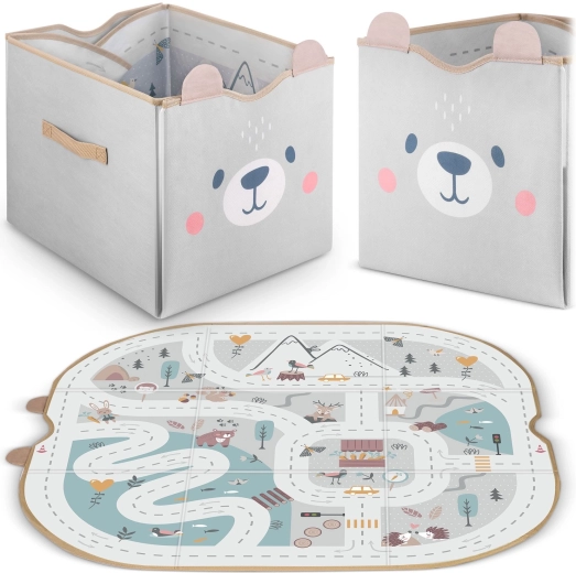 Tekstylny kosz na zabawki i mata do zabawy 2w1 – szary