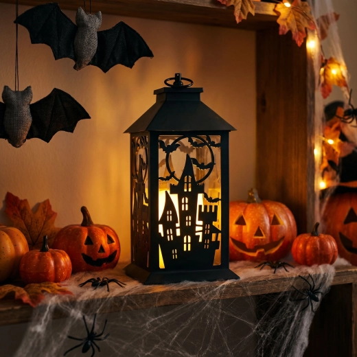 Halloweenowa migocząca latarnia z zamkiem na baterie