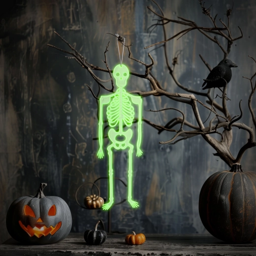Halloweenowa fosforyzująca dekoracja wisząca – szkielet, 32 × 11 cm