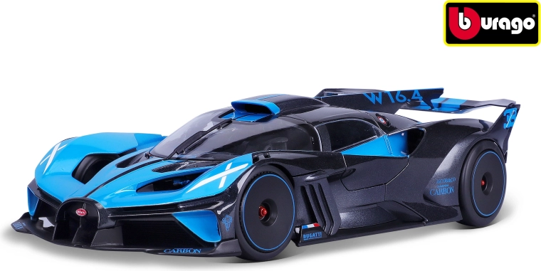 Model samochodu Bugatti Bolide w skali 1:18, metaliczny czarny i niebieski