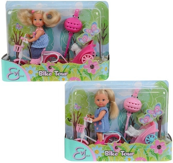Lalka Evi Love na rowerku z przyczepką i pieskiem