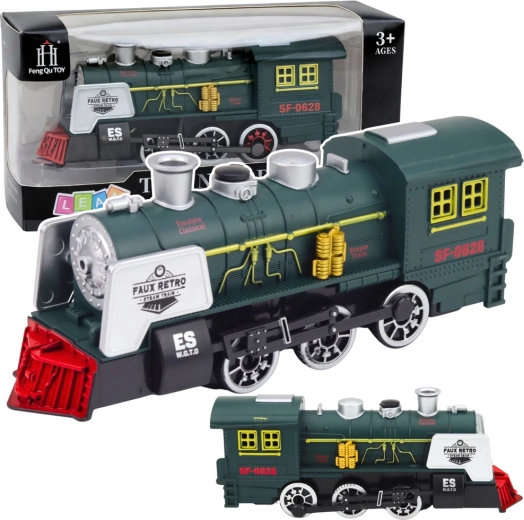 Klasyczna zielona lokomotywa parowa z dymem, światłami, dźwiękami i czujnikiem przeszkód
