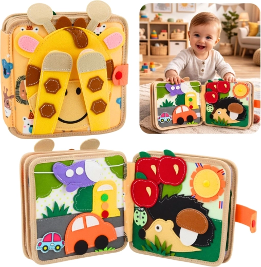 Sensoryczna filcowa książeczka z żyrafą – edukacyjna cicha książka dla dzieci