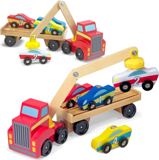 Melissa & Doug drewniana laweta z magnetycznym dźwigiem i autkami
