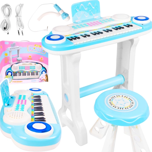 Dziecięce elektroniczne pianino z mikrofonem i stołkiem MP3, niebieskie