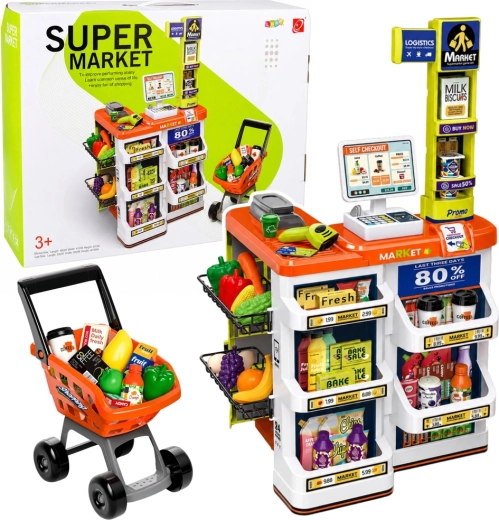 Dziecięcy supermarket z kasą, skanerem i wózkiem na zakupy (ok. 60 elementów)