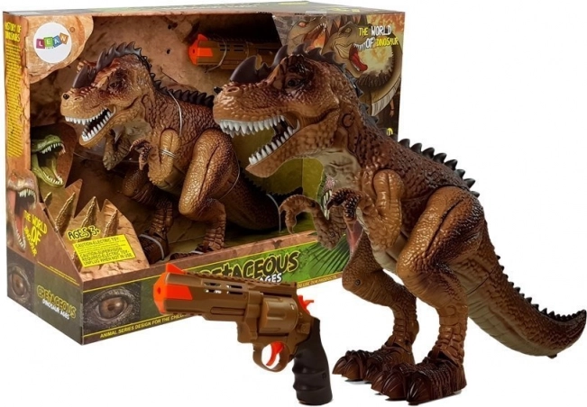 Interaktywny tyranozaur rex z parą, światłami i dźwiękami + pistolet