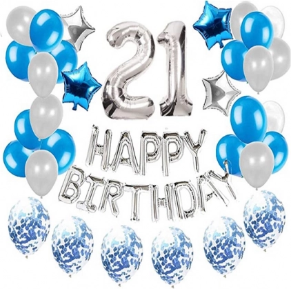 Zestaw balonów na 21. urodziny - srebrne i niebieskie