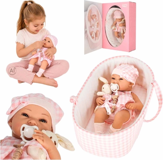 Lalka bobas 38 cm z przenośnym koszykiem i pluszowym króliczkiem – różowa