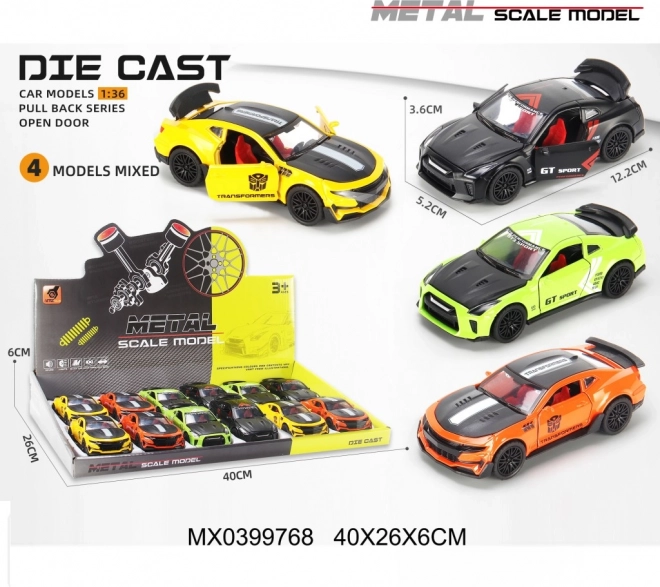 Sportowy metalowy samochodzik 1:36 z otwieranymi drzwiami i napędem typu pull-back