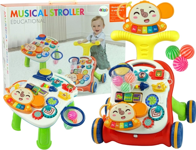 Interaktywna pchacz i edukacyjny stolik 2w1 – czerwony