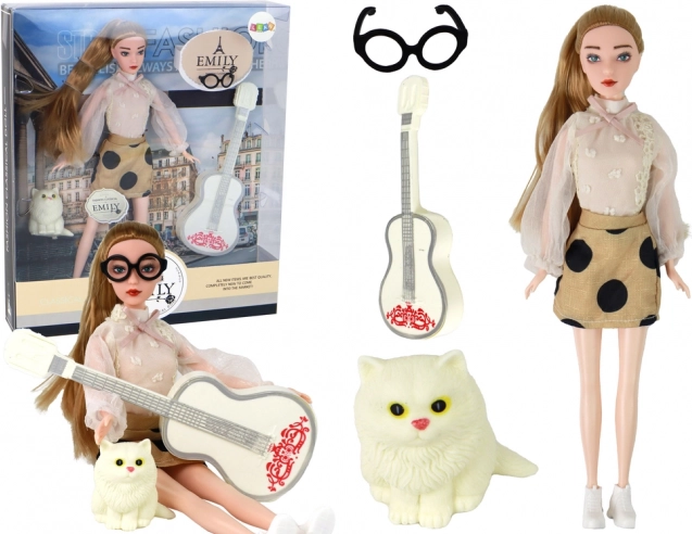 Lalka Emily z gitarą, okularami i kociakiem