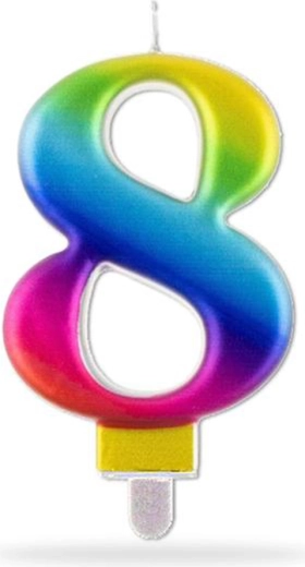 Świeczka cyferka 8 do wbijania, tęczowa, 7,5 cm