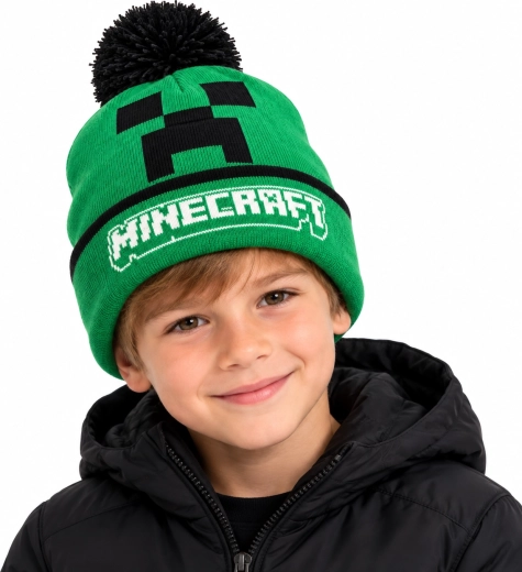 Dziecięca zimowa czapka Minecraft Creeper z pomponem