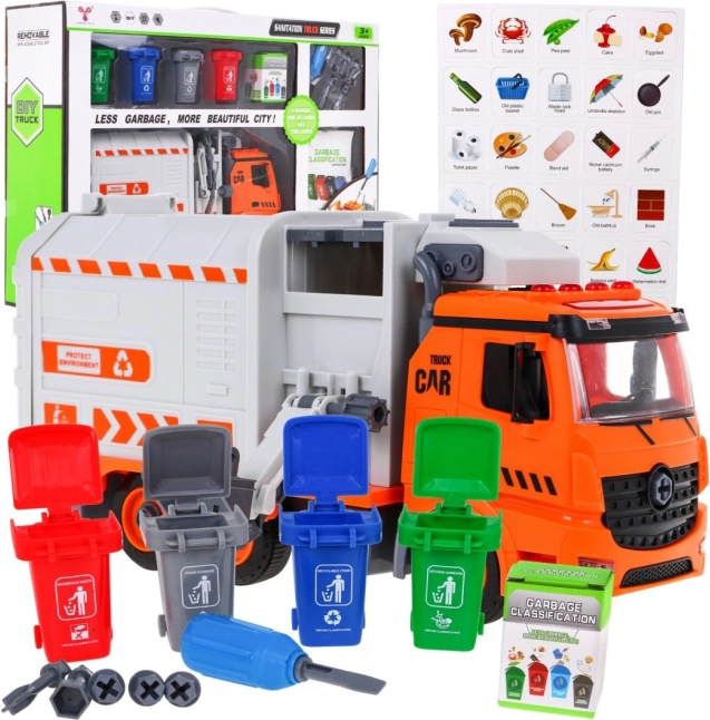 Interaktywny śmieciarka dla dzieci 3+ z 4 pojemnikami i kartami do segregacji odpadów