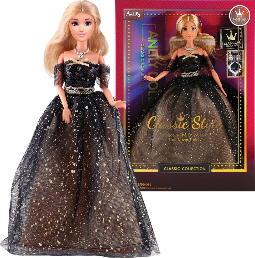 Modna lalka w wieczorowej sukni – długa czarna