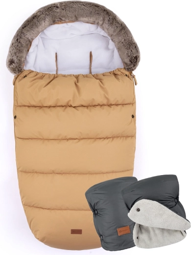 PETITE&MARS śpiworek 4w1 Comfy elegant caramel + mufki Jasie charcoal grey