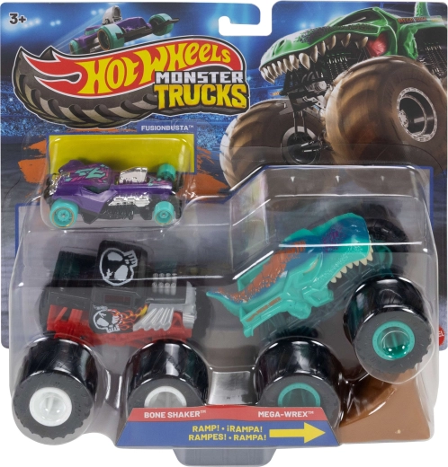 Mattel Hot Wheels Monster Trucks zestaw 2 monster trucków z rampą i autkiem Hot Wheels