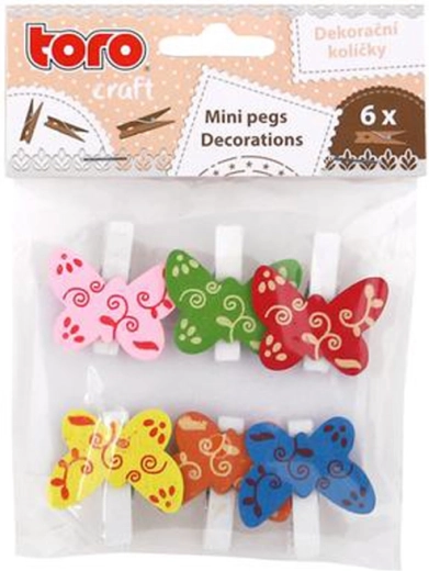 Drewniane dekoracyjne klamerki z motylkami, 6 szt.