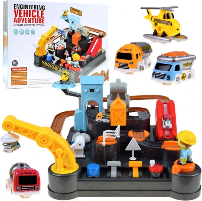 Mechaniczny tor budowlany z autkami i helikopterem