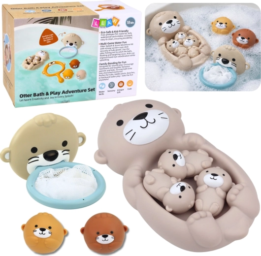 Zestaw kąpielowych zabawek – rodzinka wydr z koszyczkiem i piłeczkami, 7 elementów