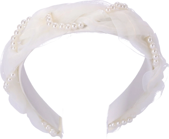 Satynowa opaska do włosów – biała z perłami