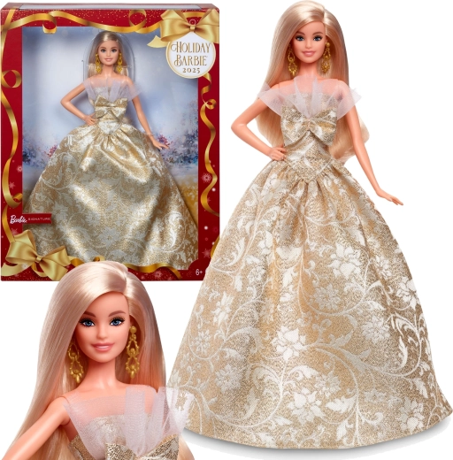 Kolekcjonerska lalka Barbie Signature Holiday Joyeux Noel w złoto-białej sukni