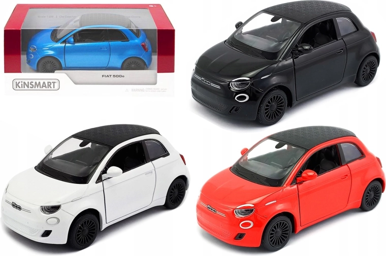 Kinsmart Fiat 500e metalowy model 1:28 z napędem typu pull-back