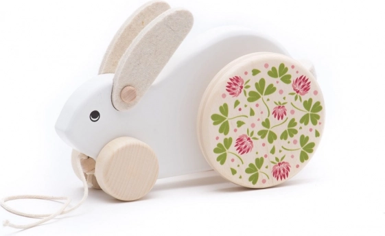 Duży biały drewniany królik do ciągnięcia Bajo