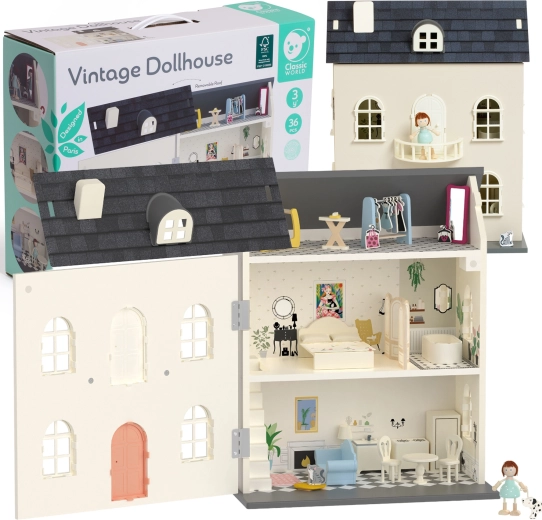 Drewniany domek dla lalek Classic World w stylu vintage z akcesoriami, 36 elementów