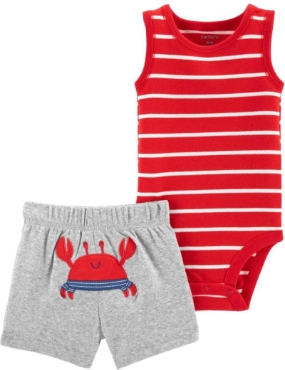 Carter’s letni zestaw dla chłopca – body bez rękawów i krótkie spodenki Red Stripe Crab, rozm. 56