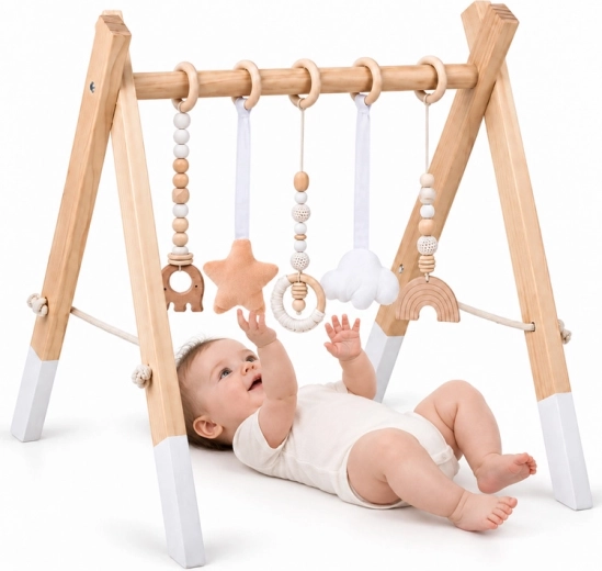 Drewniana pałąkowa zabawka Baby Gym z 5 zawieszanymi zabawkami dla niemowląt