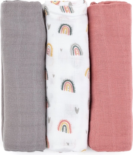 Petite&Mars bambusowe pieluszki muślinowe Moussy rose rainbows 3 szt. 68 × 68 cm