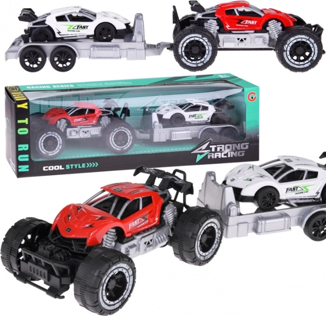 Samochód terenowy z przyczepą i sportowym autkiem