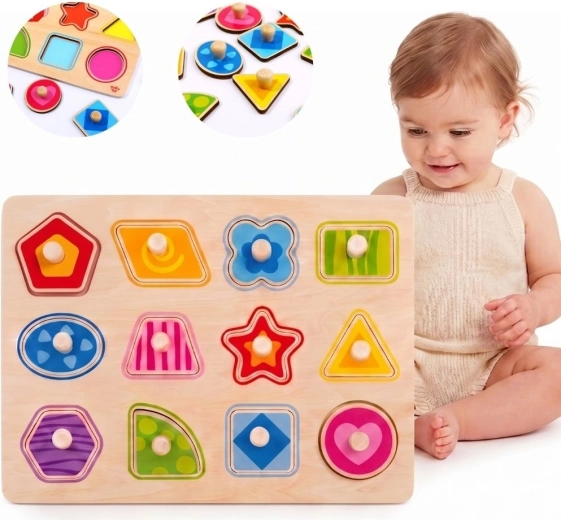 Tooky Toy Montessori drewniane puzzle wkładane – kształty z uchwytami - 1 szt.