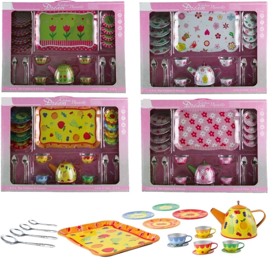 Dziecięcy metalowy zestaw do herbaty z nadrukiem, 19‑elementowy