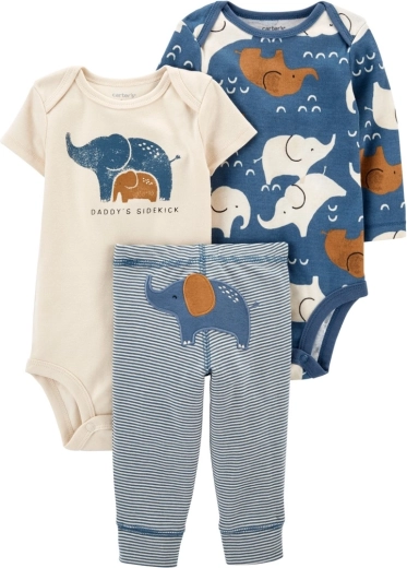 Carter’s trzyczęściowy zestaw dla chłopca Blue Elephant – body z długim i krótkim rękawem oraz spodenki dresowe