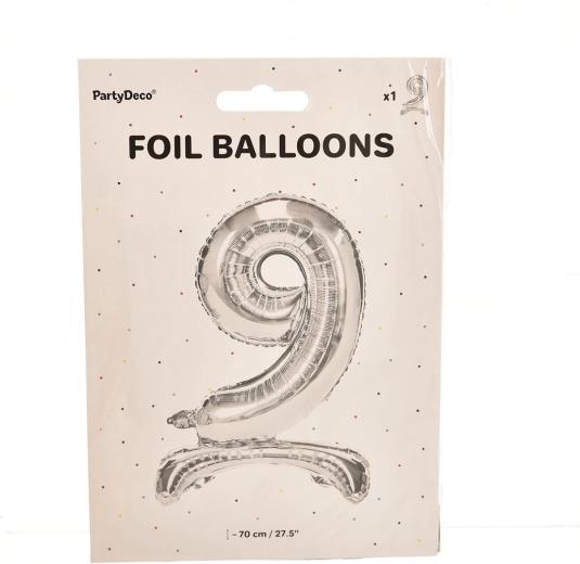 Stojący foliowy balon cyfra 9 srebrny 70 cm
