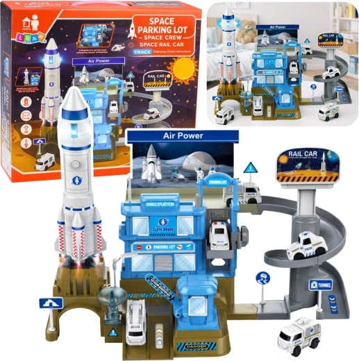 Interaktywna stacja kosmiczna z rakietą i wielopoziomowym parkingiem ze światłami i dźwiękami