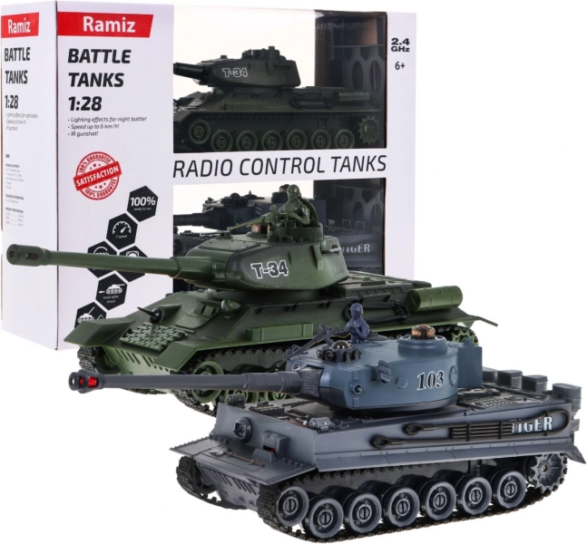 Zdalnie sterowane czołgi T‑34 vs Tiger w skali 1:28 – zestaw bitewny 2,4 GHz