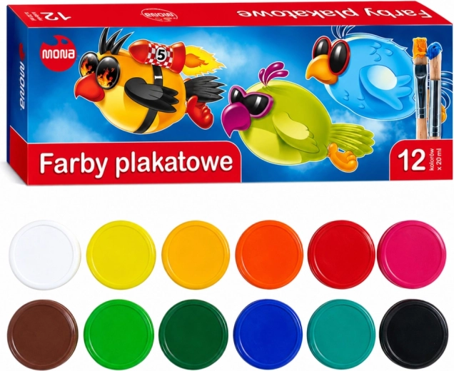 Szkolne farby plakatowe MONA 12 kolorów 20 ml