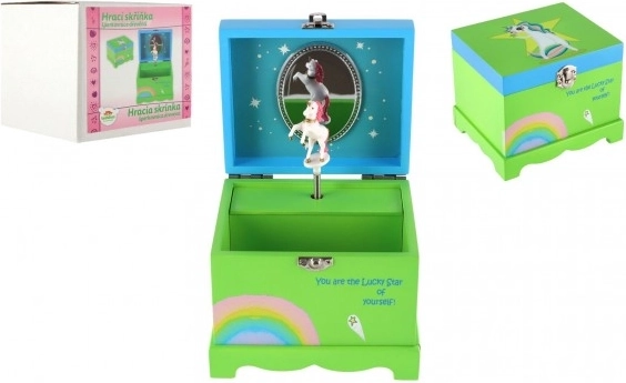 Muzyczna szkatułka na biżuterię z jednorożcem z drewna, zielona