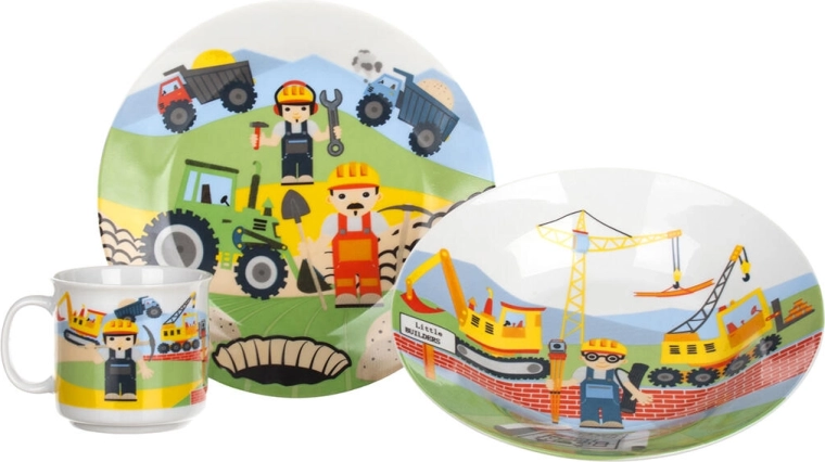 Dziecięcy zestaw obiadowy The Builders, 3‑częściowy ceramiczny