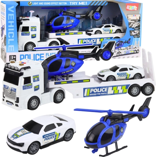 Policyjny samochód ciężarowy do transportu aut z lawetą, samochodem i helikopterem ze światłami i dźwiękami