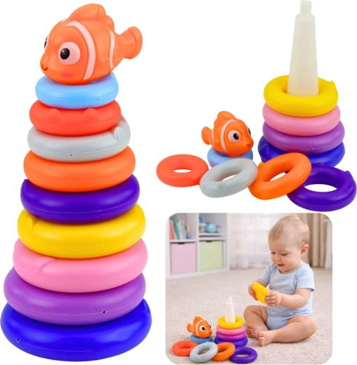 Edukacyjna wieża do układania z kolorowych krążków z rybką, 10 elementów