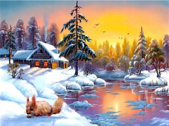 Norimpex malowanie diamentowe zimowy dom nad jeziorem z wiewiórkami 30 × 40 cm