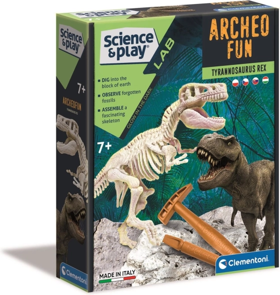 Clementoni Science & Play Archeo Fun: tyrannosaurus rex – zestaw archeologiczny ze świecącym szkieletem