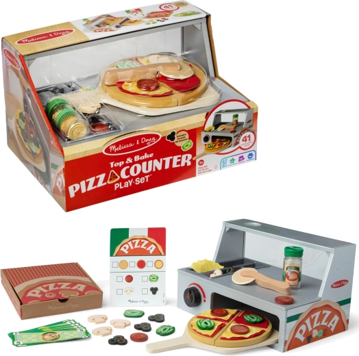 Melissa & Doug drewniana pizzeria – lada do pizzy z piecem i akcesoriami (41 szt.)